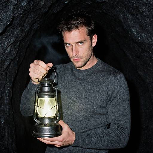 Photograph of a serious-looking man with short brown hair, wearing a dark gray long-sleeve shirt, holding a black lantern in a dimly