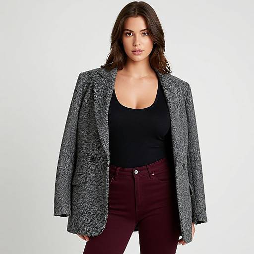 Photograph of a woman with medium skin tone, dark brown hair, wearing a black tank top, gray herringbone blazer, and dark mar