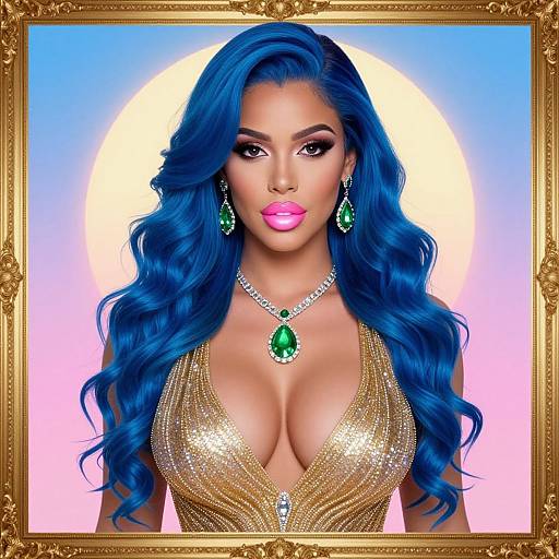 Digital portrait of a woman with vibrant blue hair, wearing a gold, deep V-neck dress, green gemstone necklace and earrings, framed in an orn