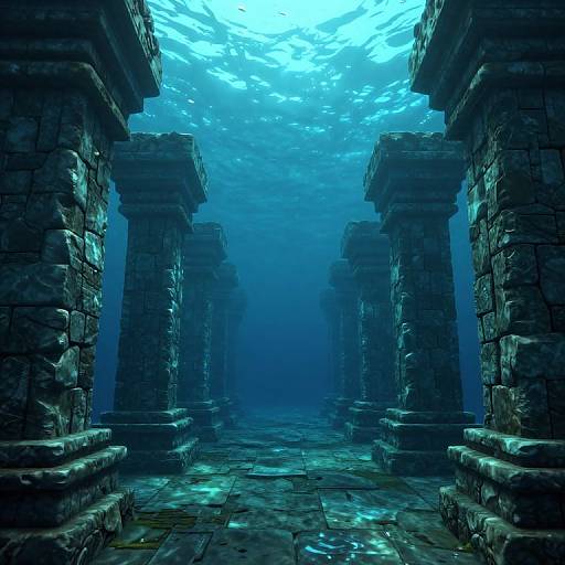 Photorealistic CGI of an underwater, ancient stone ruin with blue-tinted water, sunlight filtering through, and cracked, weathered stone pillars.