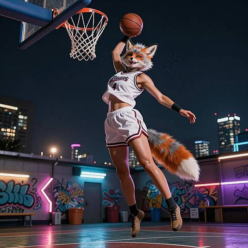 Dynamic Athletic Fox Dunking at Night