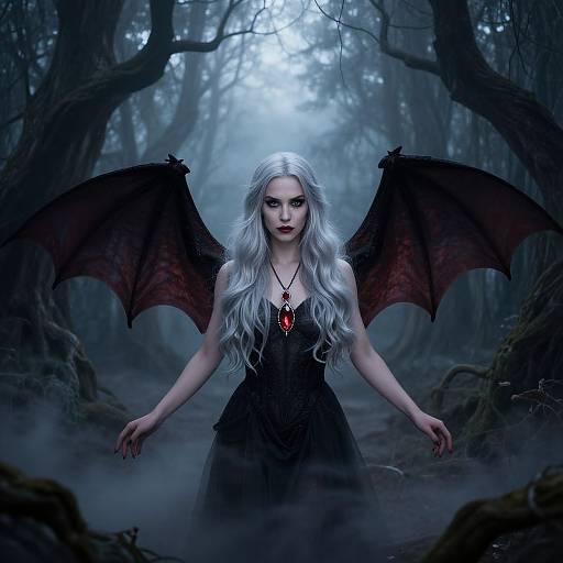 Digital artwork of a pale, silver-haired vampire woman with red eyes, black dress, and bat wings, holding a red pendant, standing in a dark