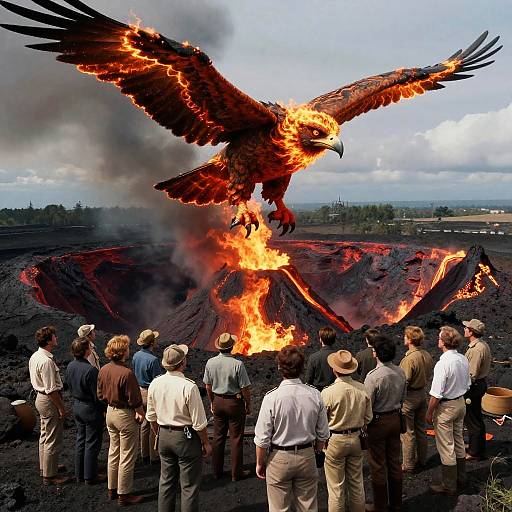 70s Volcanic Crater with Fiery Bird