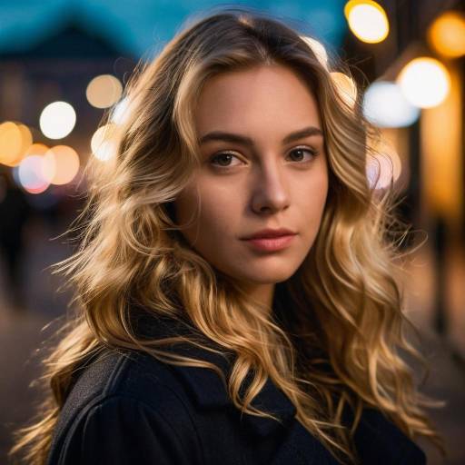 Portrait of Young Woman with Wavy Blonde Hair in Urban Evening