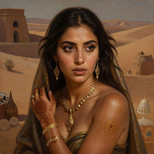 Digital artwork of a beautiful, dark-haired South Asian woman with intricate henna designs, wearing gold jewelry, in a desert landscape with ancient ruins and dom