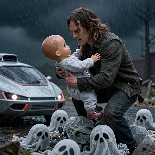 Photograph of a rain-soaked man with long, wet hair, holding a bald baby over ghostly white figures, with a car in the background
