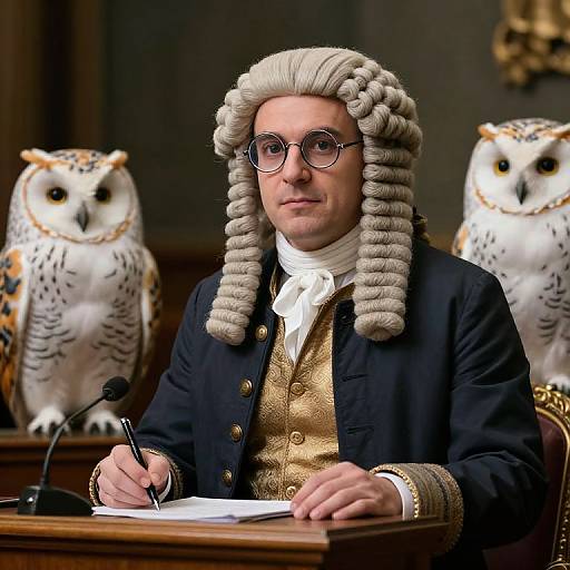 Photograph of a white man in 18th-century attire with powdered wig, glasses, and gold vest, addressing court with two owls as backdrop
