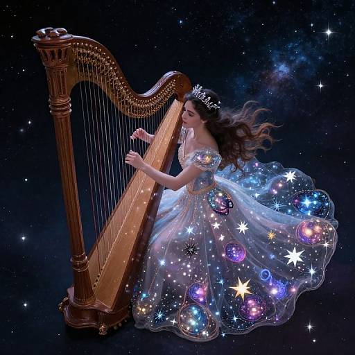 Fantastical digital art: A starry, glowing princess with a silver tiara plays a golden harp against a cosmic starry background.