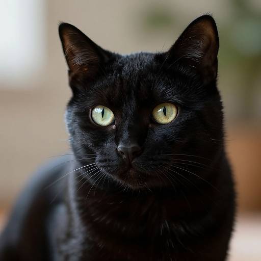 Close-up photograph of a sleek, black cat with piercing green eyes, focused intently forward, against a blurred indoor background.