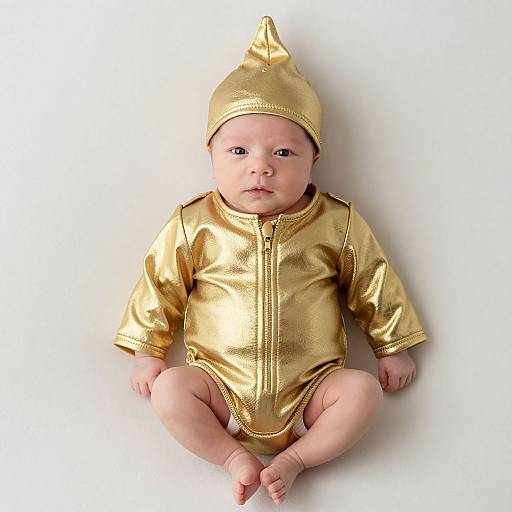 Photograph of a baby with light skin, wearing a shiny gold metallic onesie and matching hat, sitting against a white background.