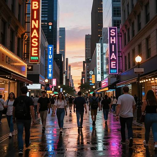 Photorealistic Bustling City Street Sunset