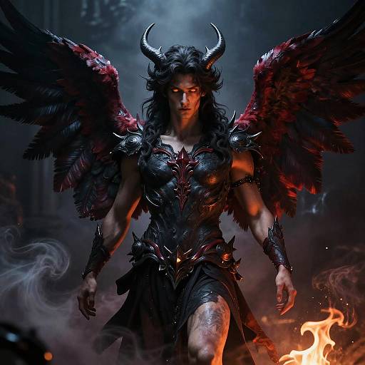 Digital artwork of a muscular, dark-haired demon with black, red-tinged wings, wearing spiked armor, standing amidst flames, glowing eyes, and