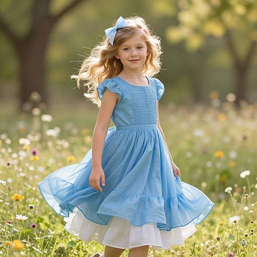 Cheerful Girl in Blue Dress Meadow