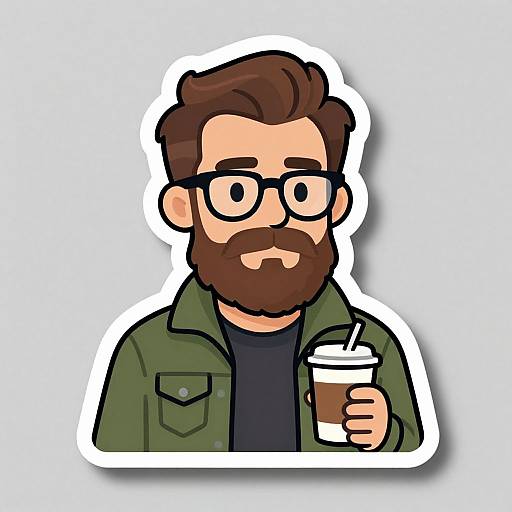 Cartoon-style digital drawing of a bearded man with glasses, green jacket, black shirt, holding a coffee cup with straw, white background.