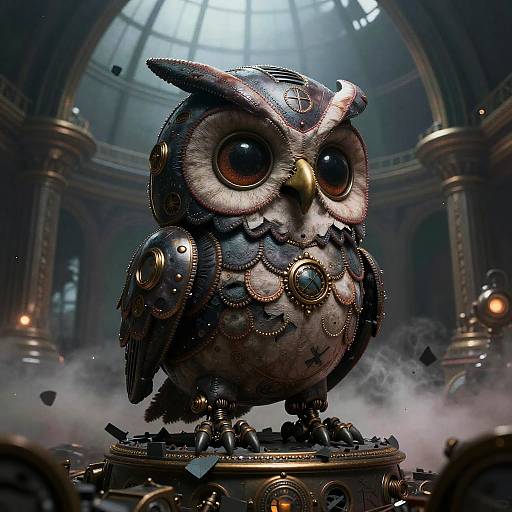 Steampunk Spectral Owl in Ruined Observatory