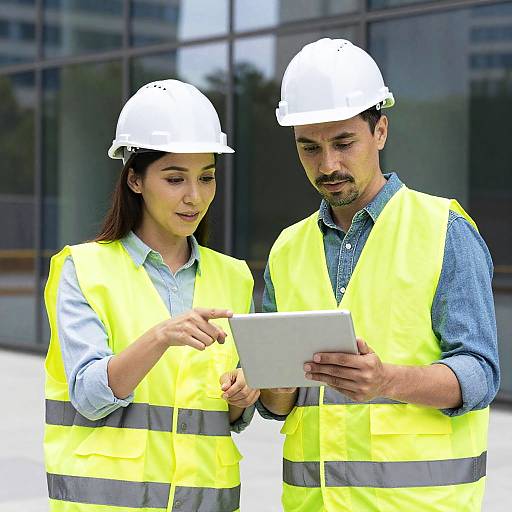 Photograph of a man and woman in white hard hats and yellow safety vests, examining a tablet outdoors near modern glass buildings.