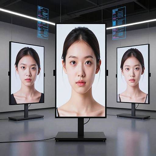 Digital artwork of an Asian woman with black hair in three identical white-framed monitors in a modern, futuristic room.