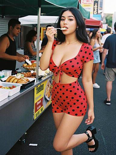 Photograph of a curvy woman with long black hair, wearing a red polka dot crop top and shorts, eating at an outdoor food market,
