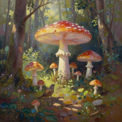 Whimsical forest painting of towering red-capped mushrooms with white spots, surrounded by lush greenery and small birds, bathed in dappled