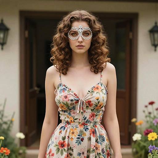 Photograph of a young woman with curly brown hair wearing a floral dress and a white lace mask, standing in front of a house with flower garden and