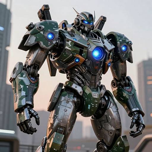 Digital CGI of a camo-patterned, blue-lit mech warrior standing in a cityscape at sunset, with futuristic skyscrapers in the background