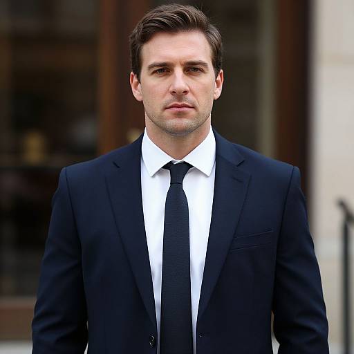 Photograph of a serious-looking white man with short brown hair, wearing a black suit, white shirt, and black tie, standing outdoors against a blurred