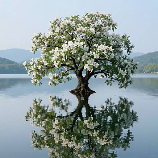Photograph of a single blossoming tree with white flowers standing in calm, reflective water, set against a hazy mountainous background.