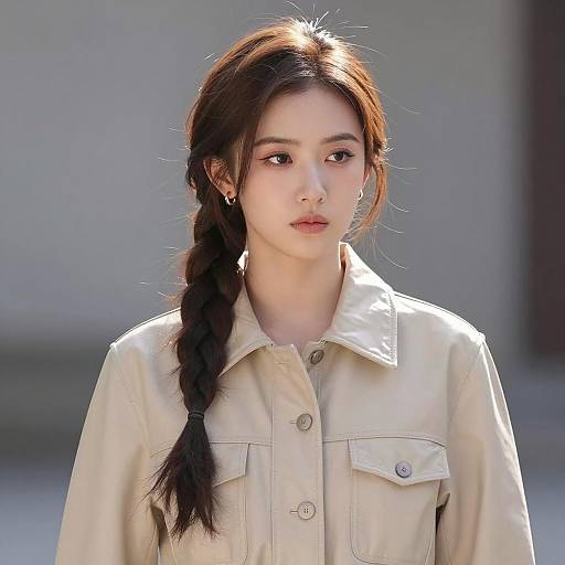 Young Asian Woman in Beige Leather Jacket