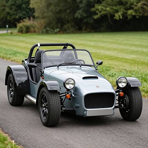 Photograph of a sleek, silver convertible sports car with black racing stripes and open top, driving on a rural asphalt road with green grass and trees in