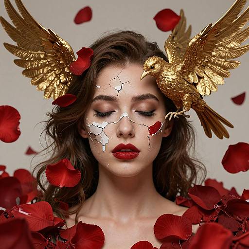 Photograph of a fair-skinned woman with closed eyes, red lips, dark wavy hair, golden angel wings, and cracked face, surrounded by