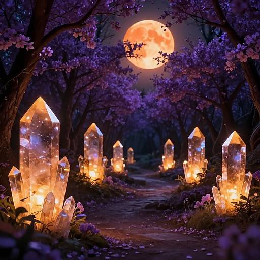 Luminous Crystal Pillars in Purple Forest