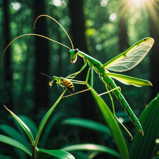 Emerald Green Mantis Catching Bee