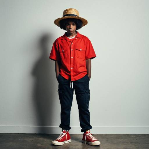 Young boy in red shirt and straw hat