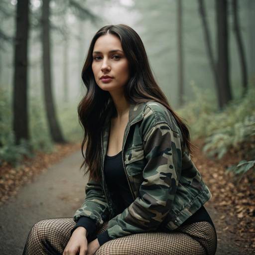 Young Woman in Camouflage Jacket in Forest