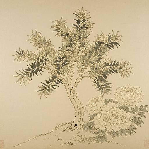 Sepia-toned, detailed ink drawing of a slender tree with leafy branches and a large, blooming flower cluster at its base.