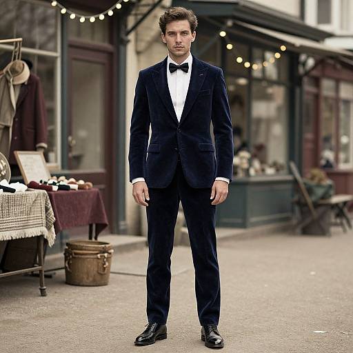 Photograph of a handsome man in a dark navy velvet tuxedo with a black bow tie, standing confidently on a street with vintage shop windows and