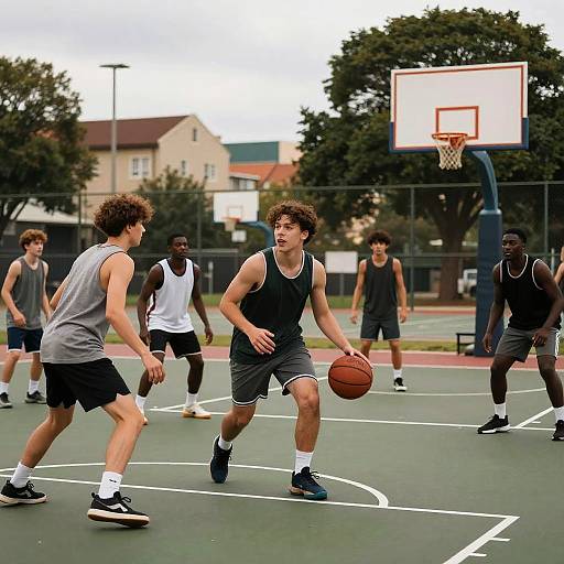 Photograph of six young men playing basketball on an outdoor court, wearing sleeveless jerseys and shorts, with trees and buildings in the background. Central player