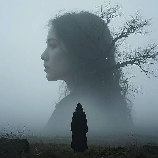 Photograph of a foggy landscape featuring a large, ghostly silhouette of a woman's profile in the background and a small, dark figure in a