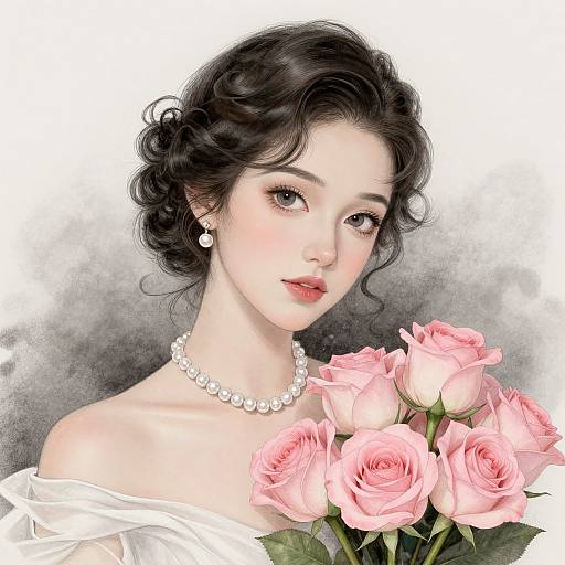 Digital portrait of a beautiful young woman with wavy black hair, pale skin, pink roses, pearl necklace, and earrings, wearing a white off-