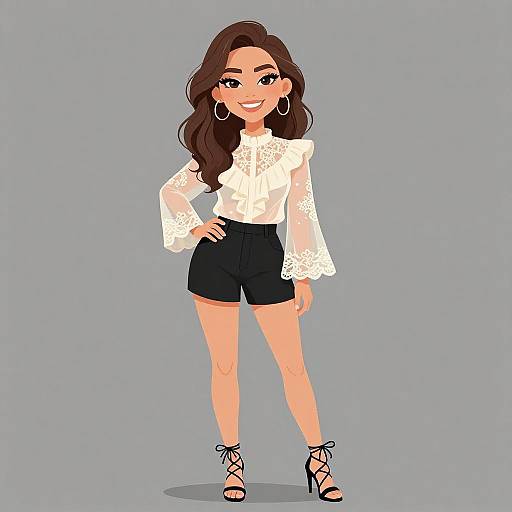 Digital illustration of a smiling young woman with long brown hair, wearing a white lace blouse, black high-waisted shorts, black strappy heels,