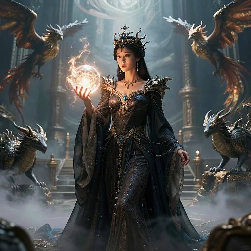 Ethereal fantasy queen with dark crown, holding glowing orb, surrounded by dragons in a misty, ornate throne room. CGI artwork.