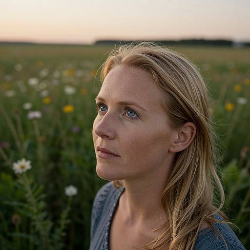 Photograph of a blonde, fair-skinned woman with blue eyes, wearing a gray sweater, standing in a field of wildflowers at sunset.