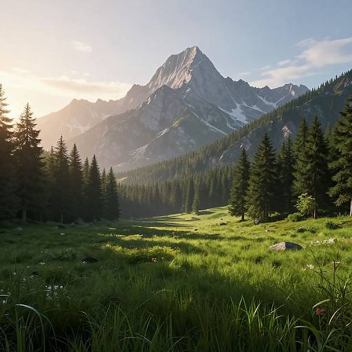 Photograph of a sunlit mountain landscape with a towering, rocky peak, dense evergreen forest, and lush, green meadow in the foreground.
