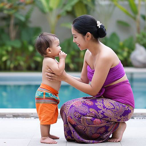 Joyful Mother and Child at Bali Poolside