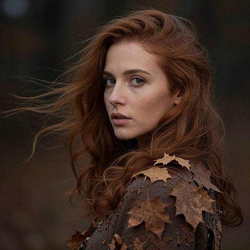 Photograph of a fair-skinned, red-haired woman with loose waves, wearing a brown, leaf-patterned top, gazing intently at the