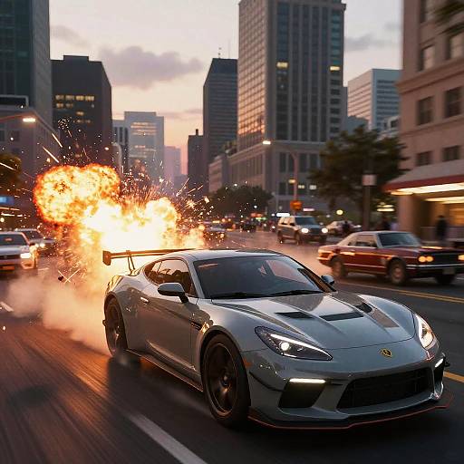 Photograph of a silver Porsche 911 speeding through a city street at dusk, with a massive explosion erupting from its rear, surrounded by tall buildings