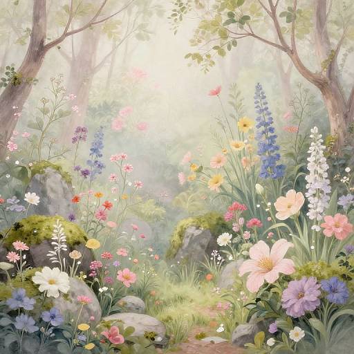 Digital painting of a sunlit, enchanted forest garden with vibrant flowers, including pink, white, blue, and yellow blooms, surrounded by moss-covered rocks
