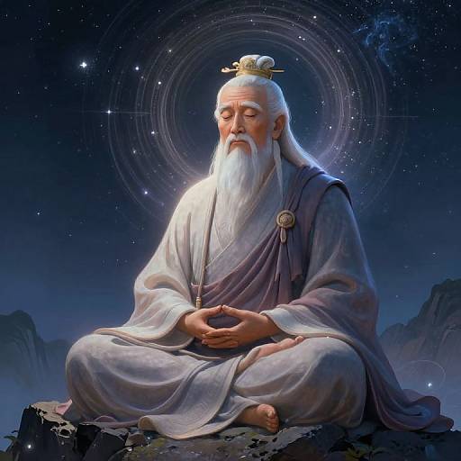 Digital illustration of an elderly, white-haired, bearded wise man with a crown, sitting cross-legged in a celestial night sky, wearing a flowing,