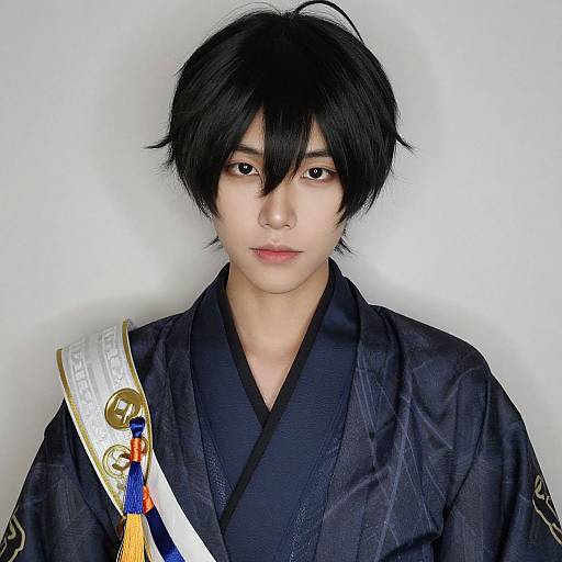 Photograph of an Asian male cosplayer with black hair, wearing a black kimono and a gold-trimmed sash with blue and orange t