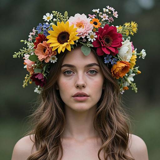 Photograph of a fair-skinned woman with wavy brown hair, wearing a colorful floral crown, featuring sunflowers, red and pink dahlias,